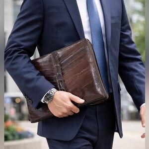 BarDa Vintage Eel Skin Leather Portfolio Organizer Brown Zip Around Professional